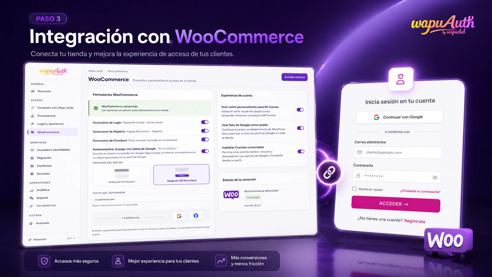 Panel de integración de Wapu Auth con WooCommerce y formulario de acceso