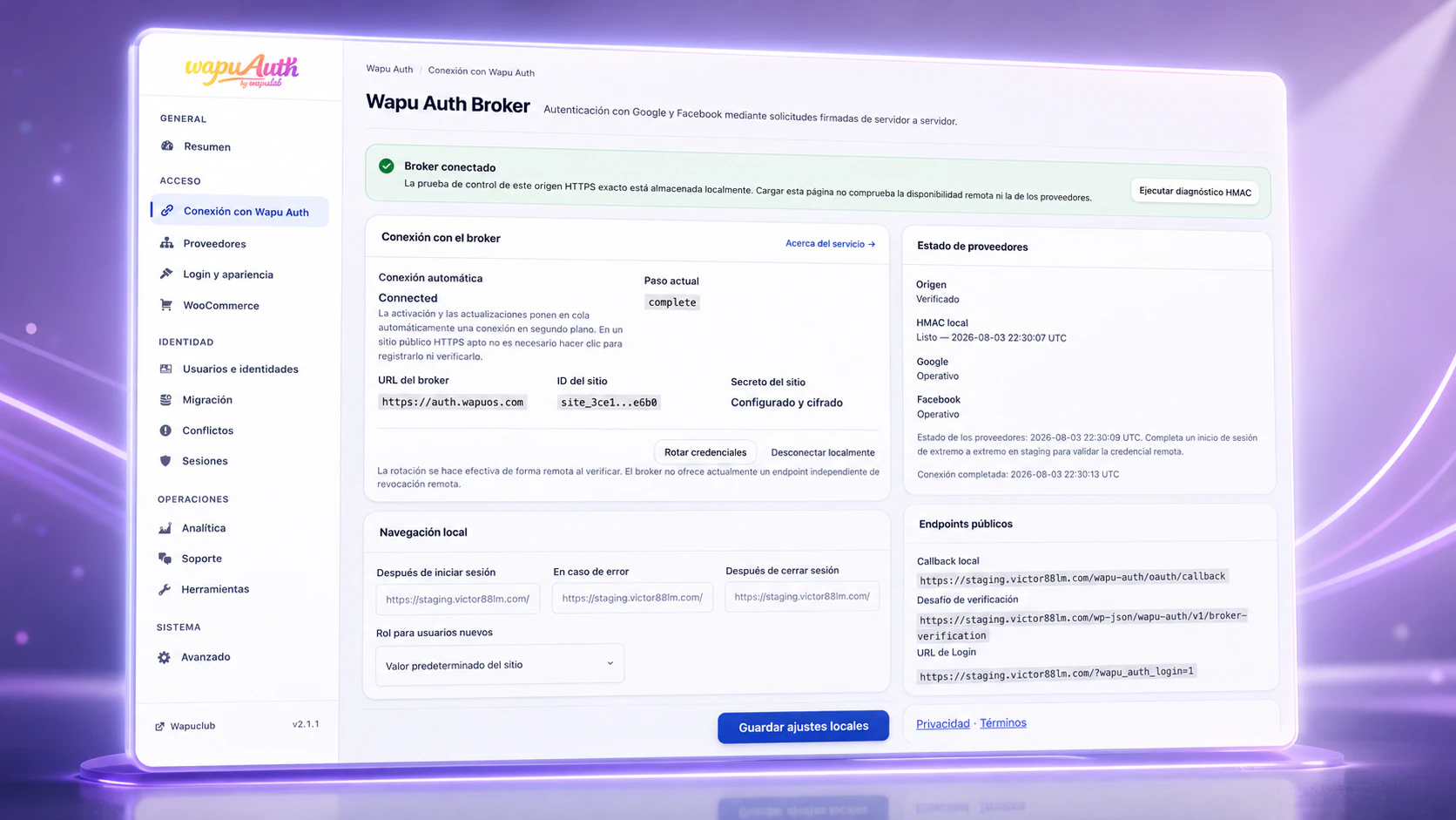Panel de administración y conexión de Wapu Auth en WordPress